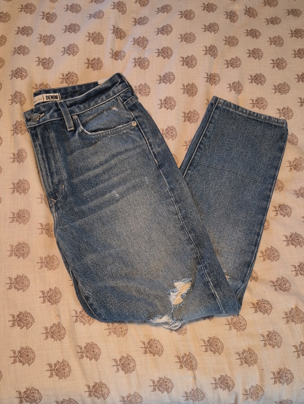 Lovers + Friends Logan Distressed Faded Blue High Rise Tapered Jeans